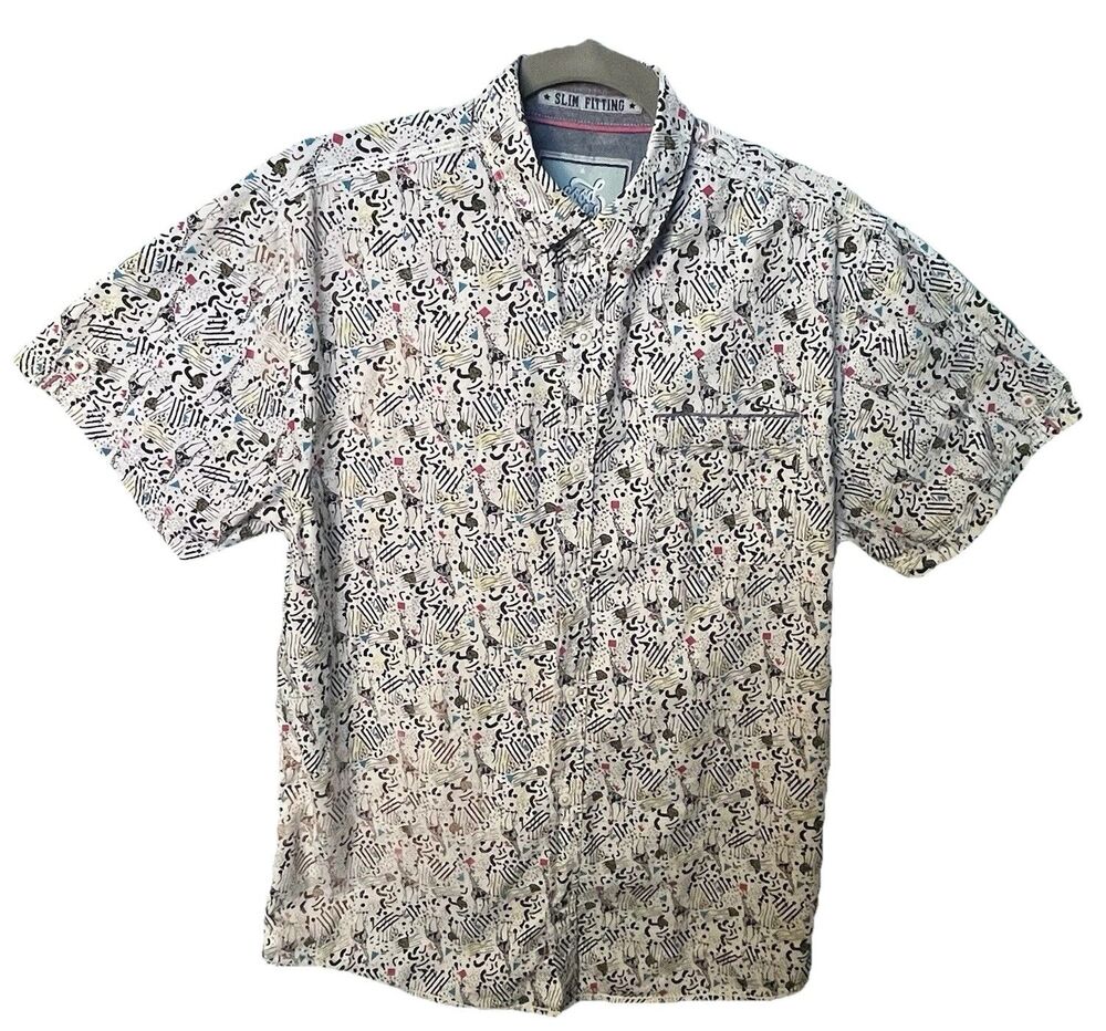 Good Vibes Men's Slim Fit Shirt Abstract Pattern Short Sleeve Cotton Large